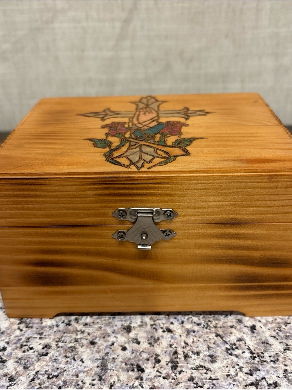 Wooden Keepsake Box With Cross And Praying Hands - Picture 2 of 7